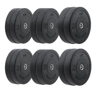 Bumper plates Hi Impact i svart gummi, sex viktskivor upplagda parvis med synliga centrumhål.