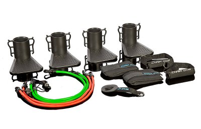 Chair Gym Pro träningsbandset med färgade motståndsband och svarta handtag på vit bakgrund.