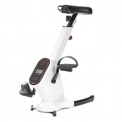 Motionscykel Gymstick Desk Bike med kompakt ram, integrerat skrivbord och vit färg, sedd från sidan