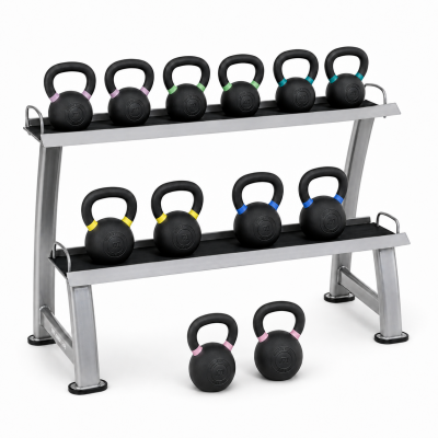 Kettlebellpaket med flera svarta kettlebells på tvåvånings ställ i svart metall, sedd snett framifrån.
