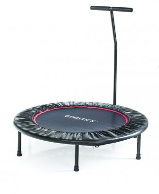 Fitness Trampoline med rund svart hoppduk och avtagbart handtag, fotograferad på vit bakgrund.