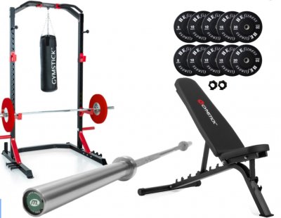 Hemmagym Half Rack med half rack, ställbar bänk, viktskivor, snabblås och tillbehör på vit bakgrund.