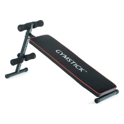 Gymstick Ab Bench magbänk med svart vadderad sittyta och fotstöd med skumrullar på stålram.