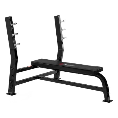Gymstick Bench Press BP7.0 träningsbänk med svart stålram och integrerade skivstångshållare, sedd från sidan.