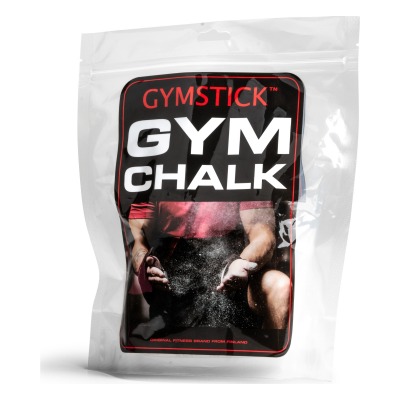 Gymstick gym chalk i förpackning med svart påse och gul etikett sedd framifrån.