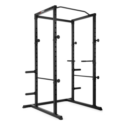 Power Rack PR50 i svart stål med fyrkantig ram och justerbara säkerhetsarmar.