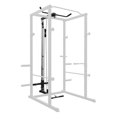 Pulley machine i silverfärgat stål med dubbla kabeldrag, viktstapel och övre tvärbalk, fristående.