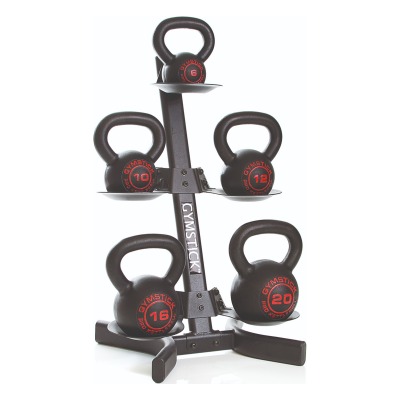 Förvaringsställ för medicinbollar och kettlebells med flera nivåer och svart metallram på vit bakgrund.