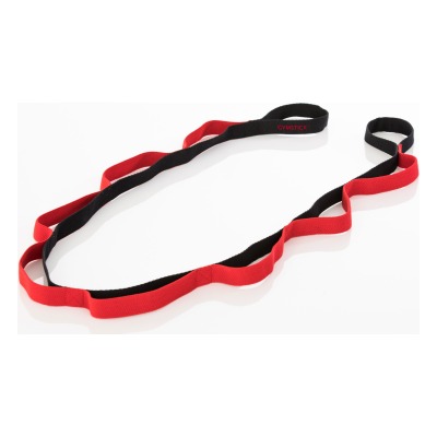 Stretching Belt i röd och svart textil med flera öglor längs bandet, placerad fristående mot vit bakgrund.