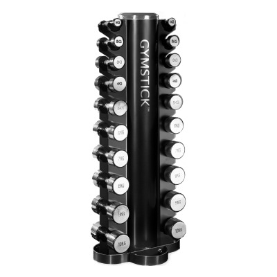 Tower Rack för hantlar, pelarställ i svart stål fyllt med hantlar, mot vit bakgrund.