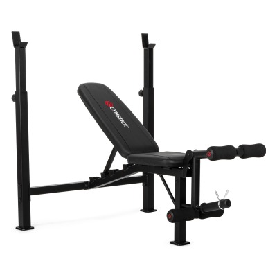 Weight Bench WB6.0 träningsbänk med skivstångsställning och benstöd, sedd i sned vinkel mot vit bakgrund.