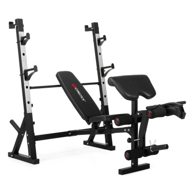 Weight Bench WB8.0 träningsbänk med skivstångsställning och benstöd, sedd i sned vinkel.