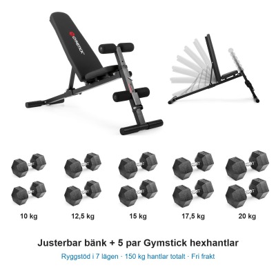 Hantelpaket: Gymstick Multi Bench och fem par Gymstick hexhantlar 10–20 kg