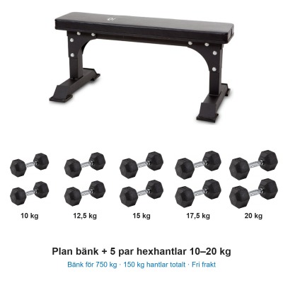 Hantelpaket: Abilica Premium WeightBench och fem par hexhantlar 10–20 kg