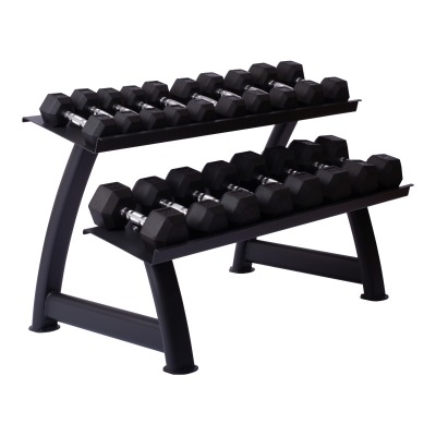 Master Fitness Hantelställ Hexagon 2–25 kg med svarta hantlar på två hyllplan och vinklad ram.