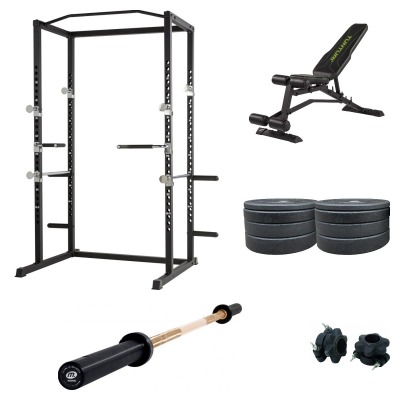 Hemmagym Power Rack 150 kg med power rack, justerbar bänk, bumpervikter, skivstång och skivstångslås