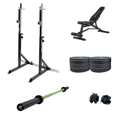 Hemmagym Skivstångsställning 100 kg med justerbar bänk, bumpervikter, skivstång och skivstångslås