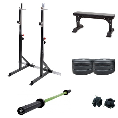 Hemmagym Skivstångsställning 100 kg med ställning, rak bänk, bumpervikter, skivstång och skivstångslås