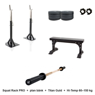 Hemmagym: Squat Rack PRO, plan bänk, Titan Guld och Hi-Temp-vikter