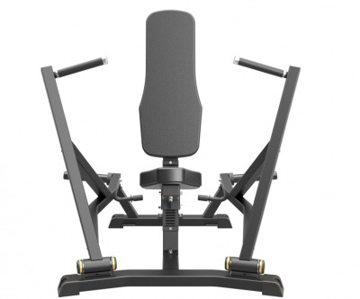 Närbild av handtag och ergonomiska justeringar på Impulse IFP1201 Bröstpress - hållbar och platsbesparande träningsutrustning.