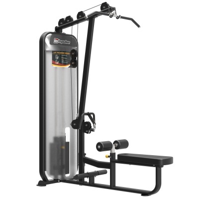 Impulse PL9002 Lat Pulldown Seated Row Black styrkemaskin med viktmagasin, sits och rullkuddar.