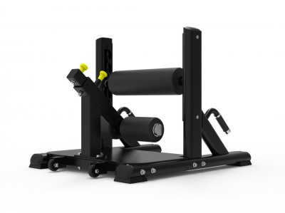 Sissy och split squat-bänk i svart stål med vadderade rullar och justerbara fästen.