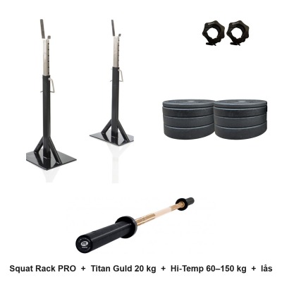 Knäböjspaket: Squat Rack PRO, Titan Guld 20 kg, Hi-Temp-vikter och snabblås