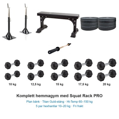 Komplett hemmagym: Squat Rack PRO, plan bänk, stång, vikter och fem par hexhantlar