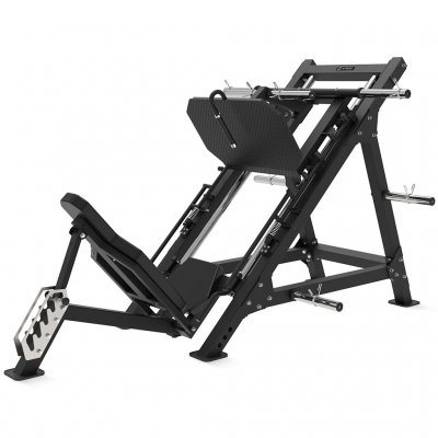 45-degree leg press-maskin med lutande släde, handtag och fotplatta i svart stål, sedd i sned vinkel.