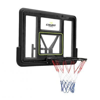 Court Layup Hoop med svart ryggplatta, vit ruta och röd ring med vitt nät, avbildad mot vit bakgrund.