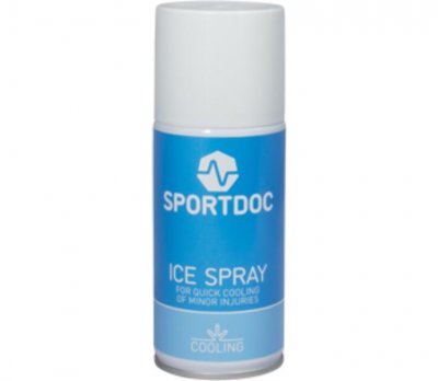 Sportdoc Ice Spray kylspray i vit sprayburk med blå etikett, avbildad mot vit bakgrund.