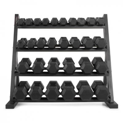 Hexhantelset 2–30 kg med ställ och flera svarta sexkantiga hantlar i rader.