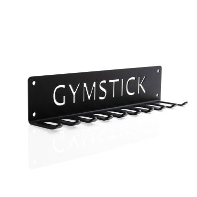 Multi-use hanger i svart metall med utskuren Gymstick-logotyp och två monteringshål.