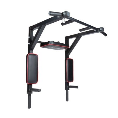 Pull-up & dip rack i svart stål med flerpositions chinsstång och parallella diphandtag, fristående.