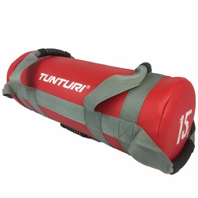 Tunturi PowerBag i rött med flera handtag och svart mittpanel, fristående mot vit bakgrund.